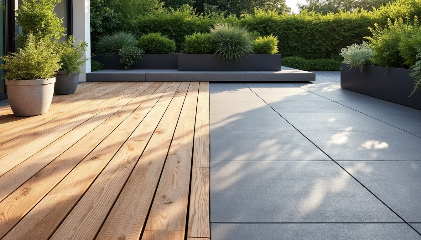 Illustration: Comparatif détaillé entre bois et carrelage pour la terrasse extérieure
